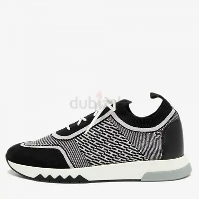 Authentic Hermes Black/White Fabric and Suede Addict Sneakers Size 39.5