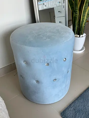 Light Blue Velvet Round chair Ottoman Pouffe with Crystal Buttons