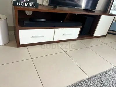 Wooden TV Entertainment Unit with White Drawers - Good Condition