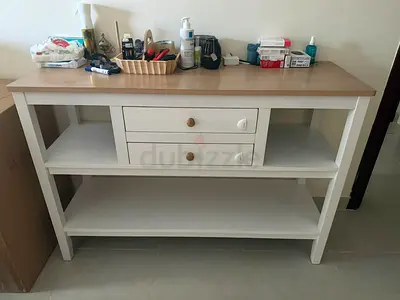 Wooden Console Table with Drawers and Shelves - White/Beige