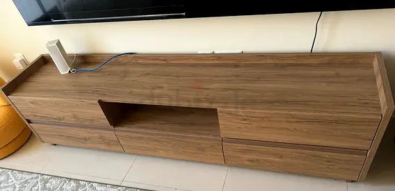 Modern Low Wooden TV Console with Drawers - Walnut Finish