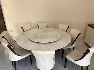 Round Marble-Top Dining Table with 8 Upholstered Chairs and Lazy Susan