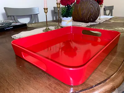 Red rectangular serving tray with handles - good condition