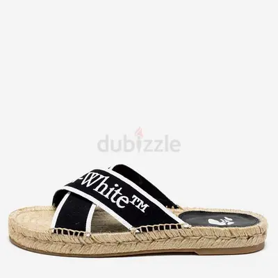 Authentic Off-White Black/White Logo Embroidered Canvas Crisscross Flat Espadrille Slides Size 38