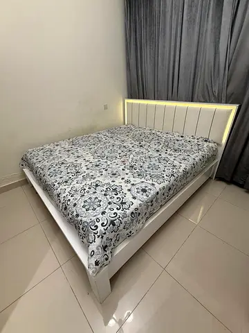 White LED King Bed with Upholstered Headboard - Good Condition