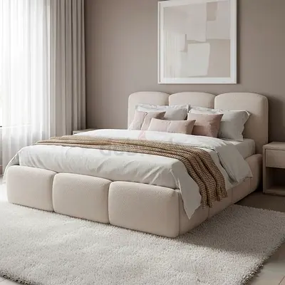Beige Upholstered Double Bed with Padded Headboard (Modern)