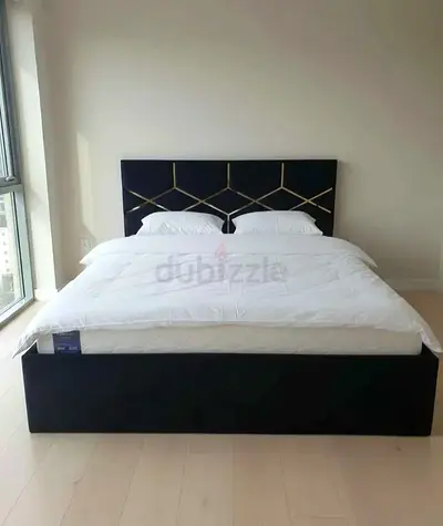 King-size upholstered bed frame with geometric headboard - black