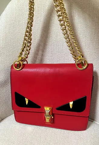 Red Fendi-style Monster Kan Leather Shoulder Bag with Gold Chain — Small Crossbody
