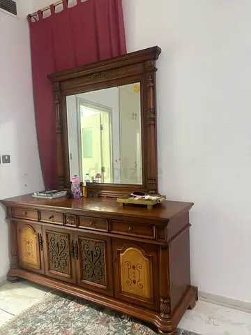 Vintage Wooden Dresser with Mirror - Solid Build, Decorative Carvings