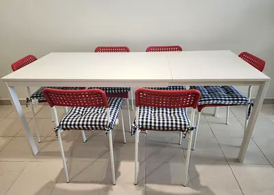 White Extendable Dining Table with 6 Red Chairs - Modern Set