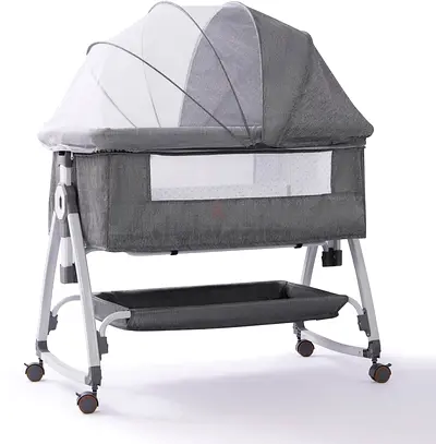 Gray Portable Bassinet/Cradle with Canopy and Storage Shelf