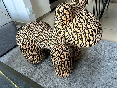 Designer Dog-Shaped Decorative Pouf / Stool (Beige  Black Pattern)