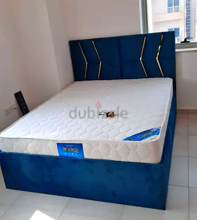 Blue Velvet Double Bed Frame with Mattress - Good Condition