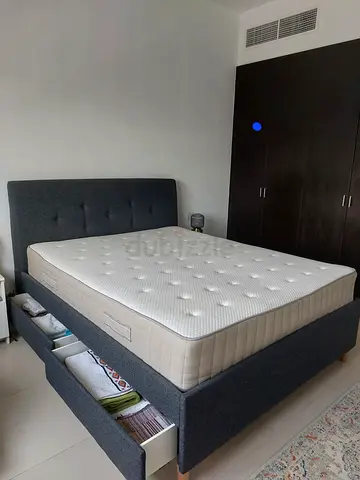 Queen storage bed frame  mattress - fabric upholstery, 4 drawers