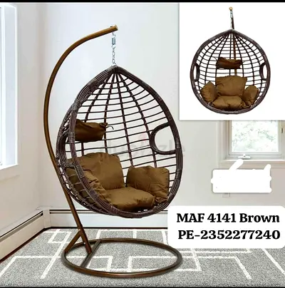 Brown Rattan Hanging Egg Chair with Stand and Cushions
