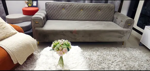 Grey Velvet 3-Seater Sofa with Quilted Back and Gold Accents