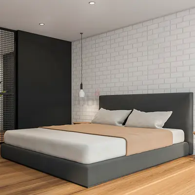 Modern Low-Profile Double Bed with Upholstered Headboard - Grey