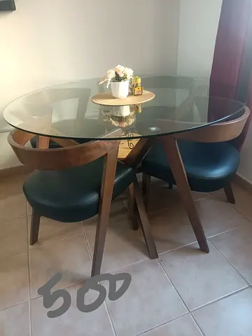 Round Glass Dining Table with 4 Wooden Chairs - Modern Midcentury Style