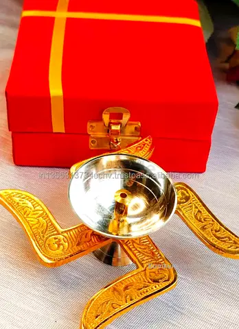 Brass Diya Lamp with Decorative Swastika Stands and Gift Box - Puja Oil Lamp Set
