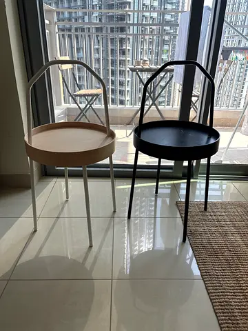 Set of 2 Round Metal Side Tables with Raised Edges (Black  Beige)