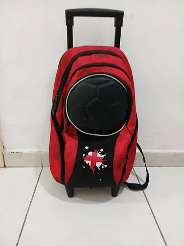 Red Kids Trolley Backpack with Football Pocket (Wheels + Telescopic Handle)