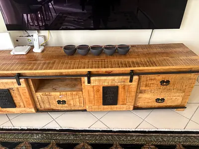 Solid Rustic Mango Wood TV Cabinet with Sliding Doors