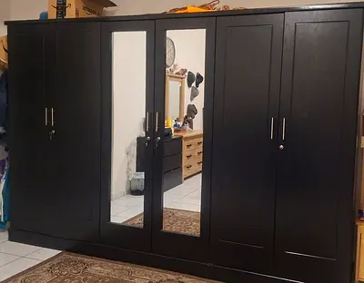 Large Black 6-Door Wardrobe with Mirrored Center Doors