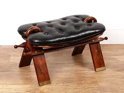 Wooden Footstool with Black Tufted Leather Cushion