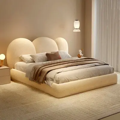 Modern bed Plush Low-Profile with Rounded Headboard – Cream