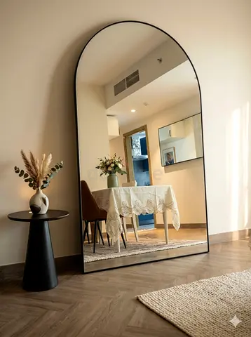 Large Arched Full-Length Floor Mirror with Black Frame