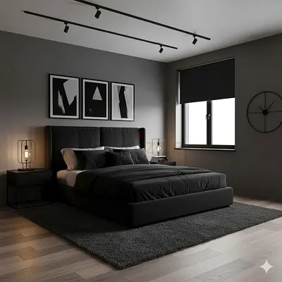 Modern Low-Profile King Bed with Upholstered Headboard (Dark Grey)
