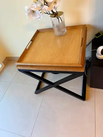 Solid Wood Tray Top Side Table with Black X-Frame Base