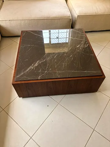 Square Wooden Coffee Table with Dark Marble Top