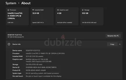 HP ProDesk Microtower i5-10400, 32GB RAM, GTX 710, 932GB SSD