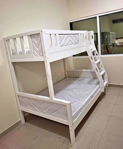 White Wooden Bunk Bed (Double Lower + Single Upper) - Good Condition