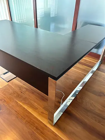L-shaped Executive Office Desk with Chrome Legs - Dark Wood Finish