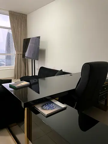 Black High-Gloss Glass Desk / Console Table with Gold Legs - Stylish Modern Piece