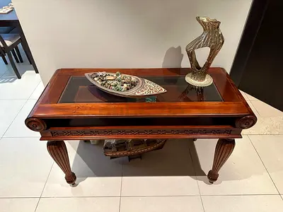 Elegant Solid Wood Console Table with Glass Inset — Classic Carved Design