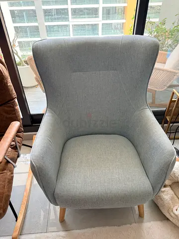 Light Blue Fabric Lounge Armchair with Wooden Legs