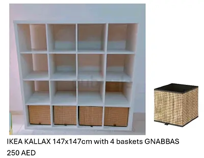 IKEA KALLAX 147x147 cm shelving unit with 4 GNABBAS baskets - White