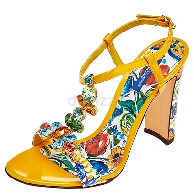 Authentic Dolce  Gabbana Yellow/Cream Floral Print Patent Leather Embellished Sandals Size 38