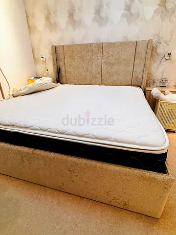 Queen fabric bed frame with hydraulic storage and mattress included