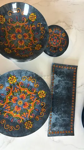 Decorative Glass Plates and Tray Set - Colorful Floral Design, set on 10, one plate missing.