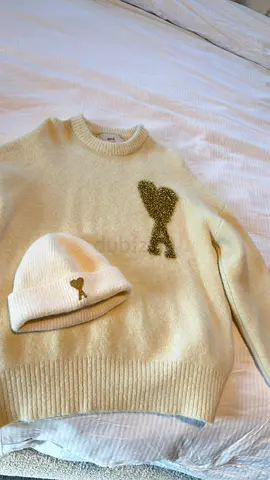 Cream AMI Paris Wool Sweater  Beanie Set with Embroidered Heart Logo