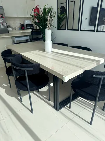 Light Wood Dining Table with 6 Black Fabric Chairs - Modern Set