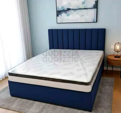 Blue Upholstered Double Bed with Headboard - Good Condition