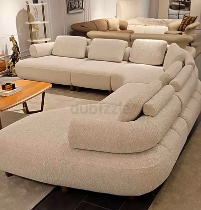Modern Curved Beige Fabric Sectional Sofa — Modern Bouclé Finish