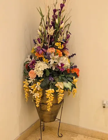 Large Decorative Artificial Flower Arrangement in Tall Metal Planter