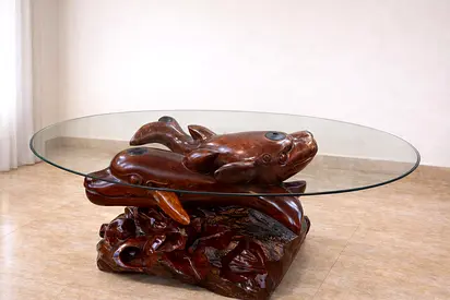 Hand-Carved Wooden Dolphin Base Coffee Table with Oval Glass Top