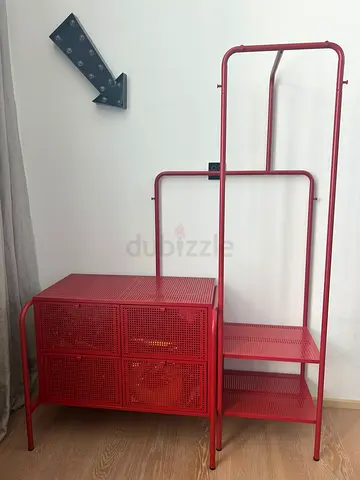 Red Metal Organizer with Shelves and Storage Drawers